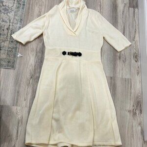 Calvin Klein v neck Cream sweater Cowl Neck Dress with Black Belt Accent size L